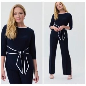 Joseph Ribkoff Midnight Blue White Trim Tie Waist Knit Top 3/4 Sleeve Size 10
